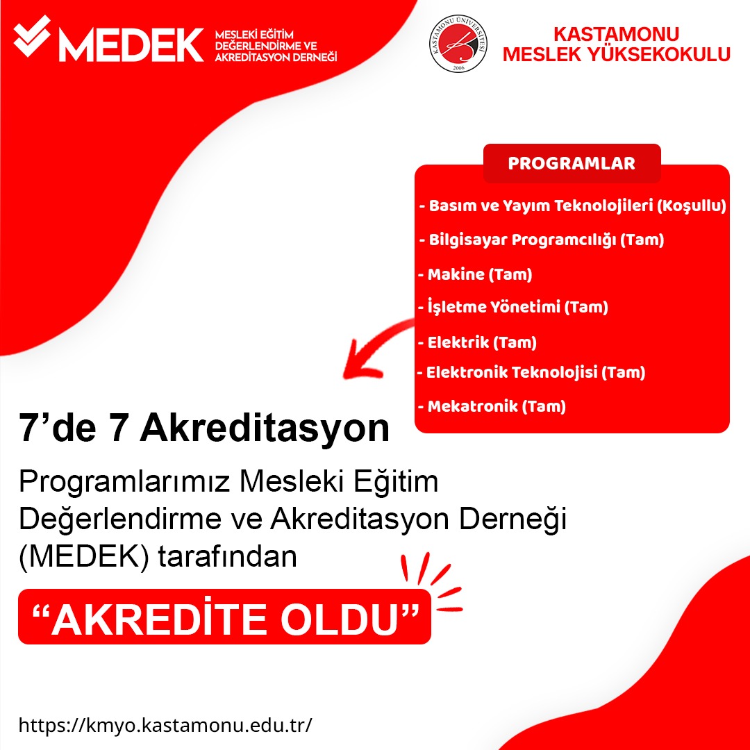 7 Programımız Mesleki Eğitim Değerlendirme ve Akreditasyon Derneği tarafından (MEDEK) Akredite Oldu